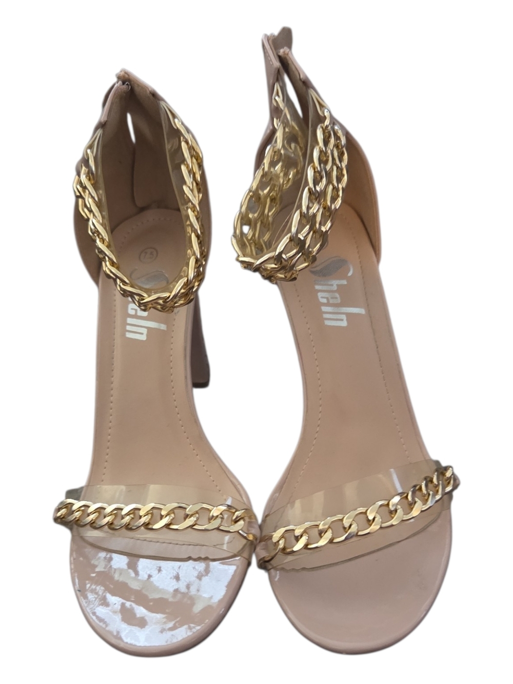 SHEIN Nude Clear Strap Heels with Gold Chain Accent